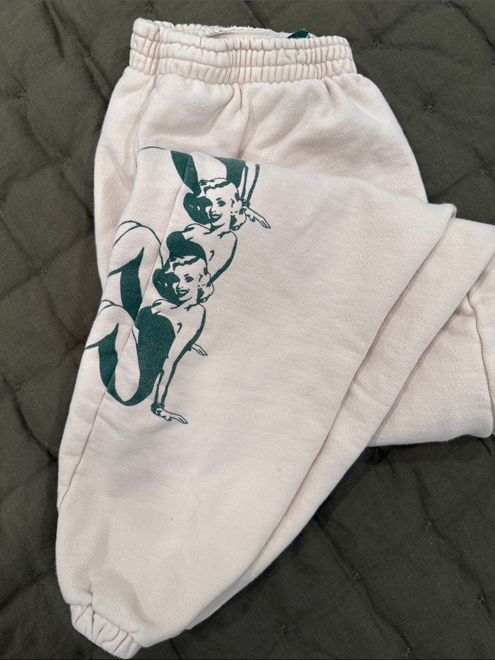 LONELY GHOST Cream Sweats with Green Logo Tag